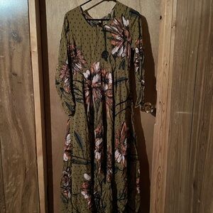 Floral Long Sleeve Dress - Olive Green
